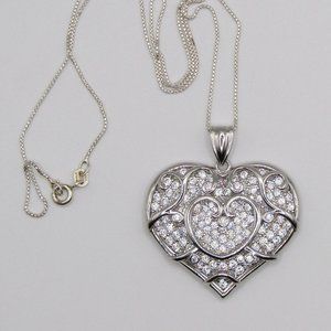 Exquisite Sterling Silver Puffed Pave with Filigree Heart Pendant with Chain